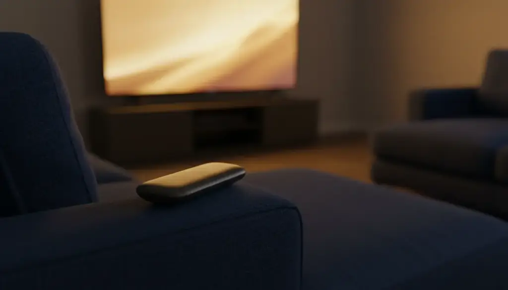 A streaming remote on the arm of a sofa, the television glowing gold in a dark room