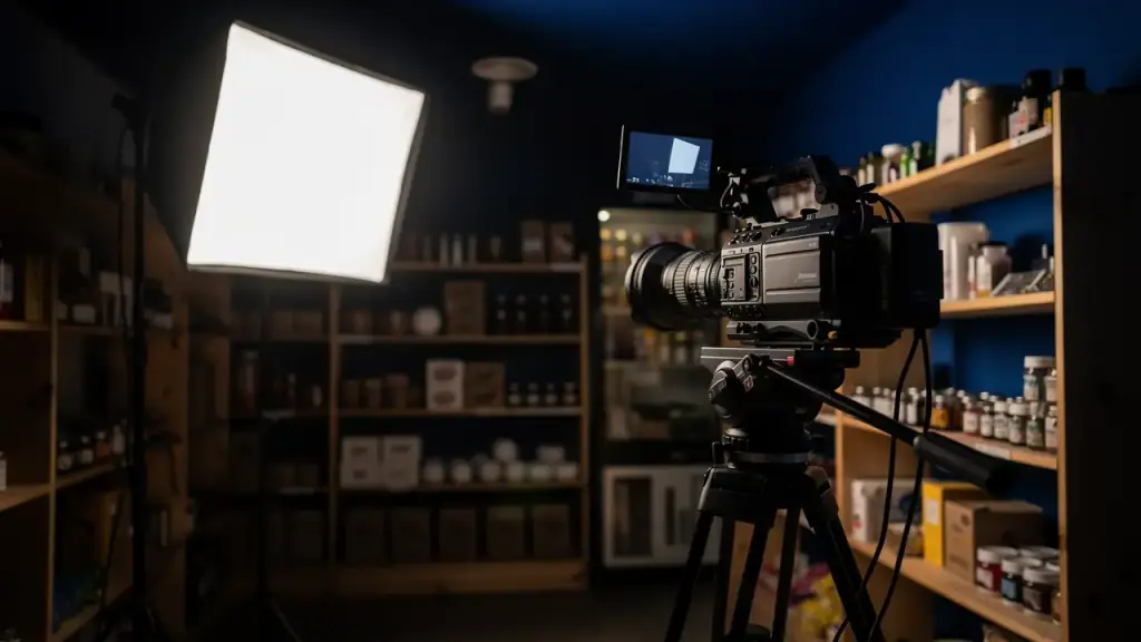 A cinema camera and softbox light set up inside a small shop after hours