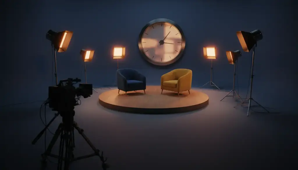 Two armchairs on a round riser under a studio wall clock, key lights and a camera ready