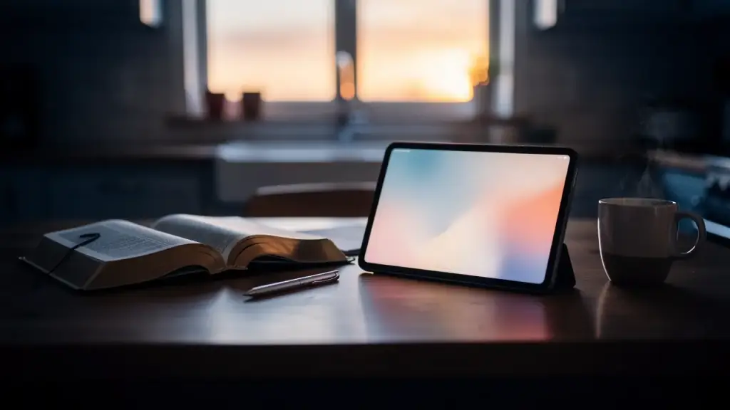 A tablet beside an open Bible, a pen and a steaming mug on a kitchen table at dawn