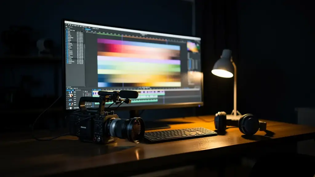 Editing monitor with a colour timeline, a cinema camera, headphones and a desk lamp